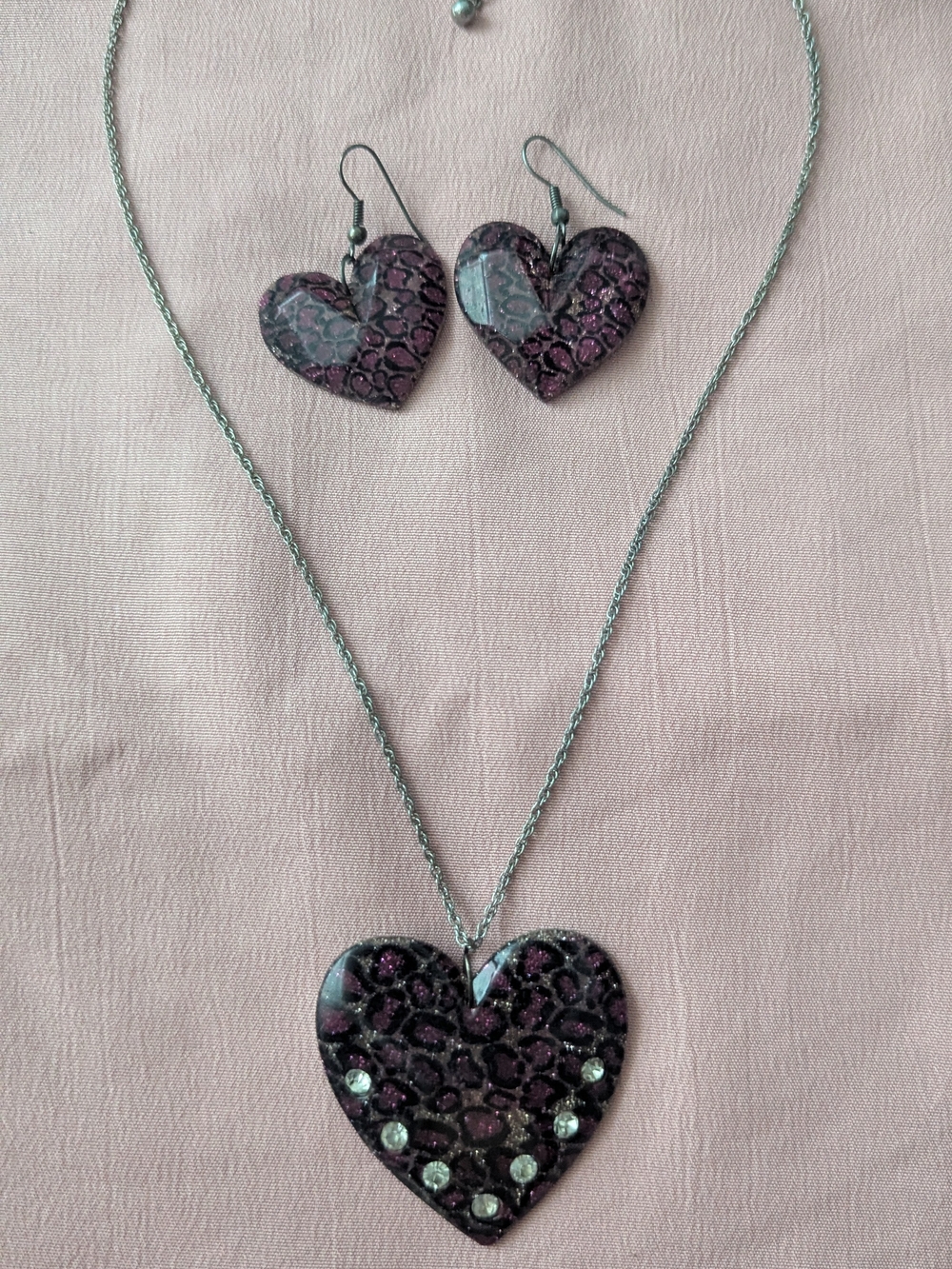 Heart Pendant Necklace and Earrings Set - Purple Heart Jewelry